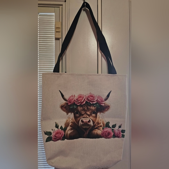 Handbags - Highland Cow Floral Tote Bag | Pink Rose Cow Cottagecore Farm Style